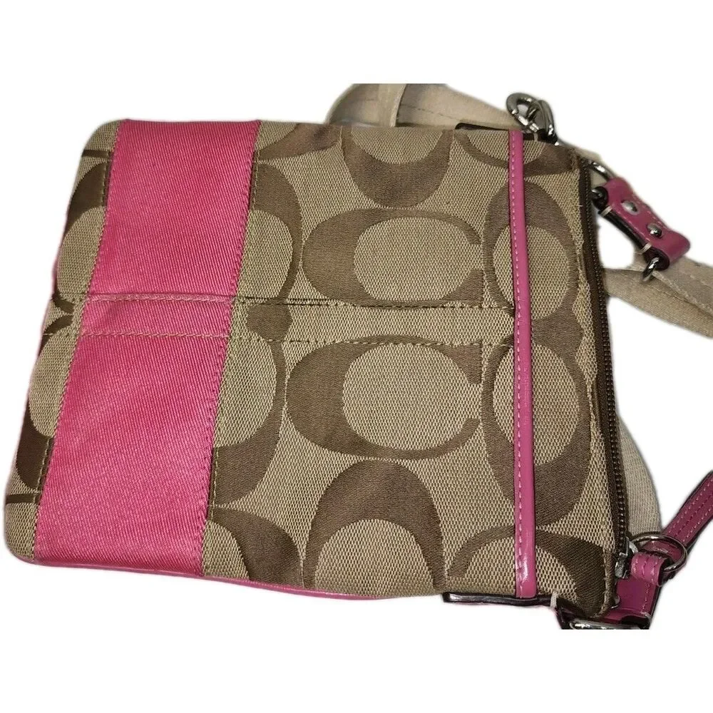 COACH SwingPack Brown Signature Hot Pink Patent Leather Trim